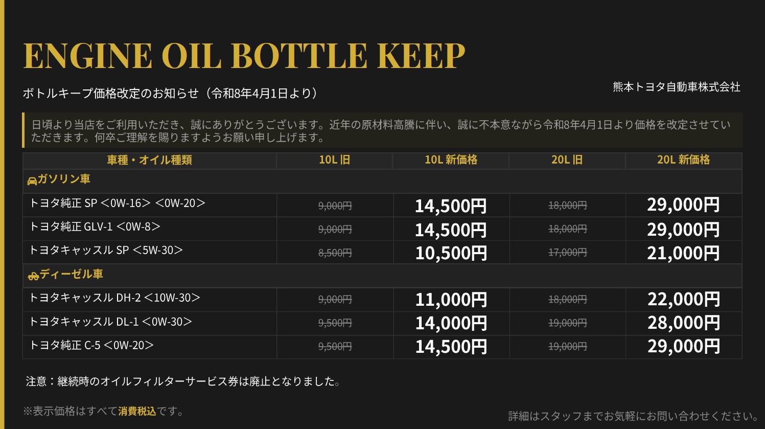 ボトルキープ価格改定のお知らせ。 | 熊本トヨタ自動車株式会社の公式